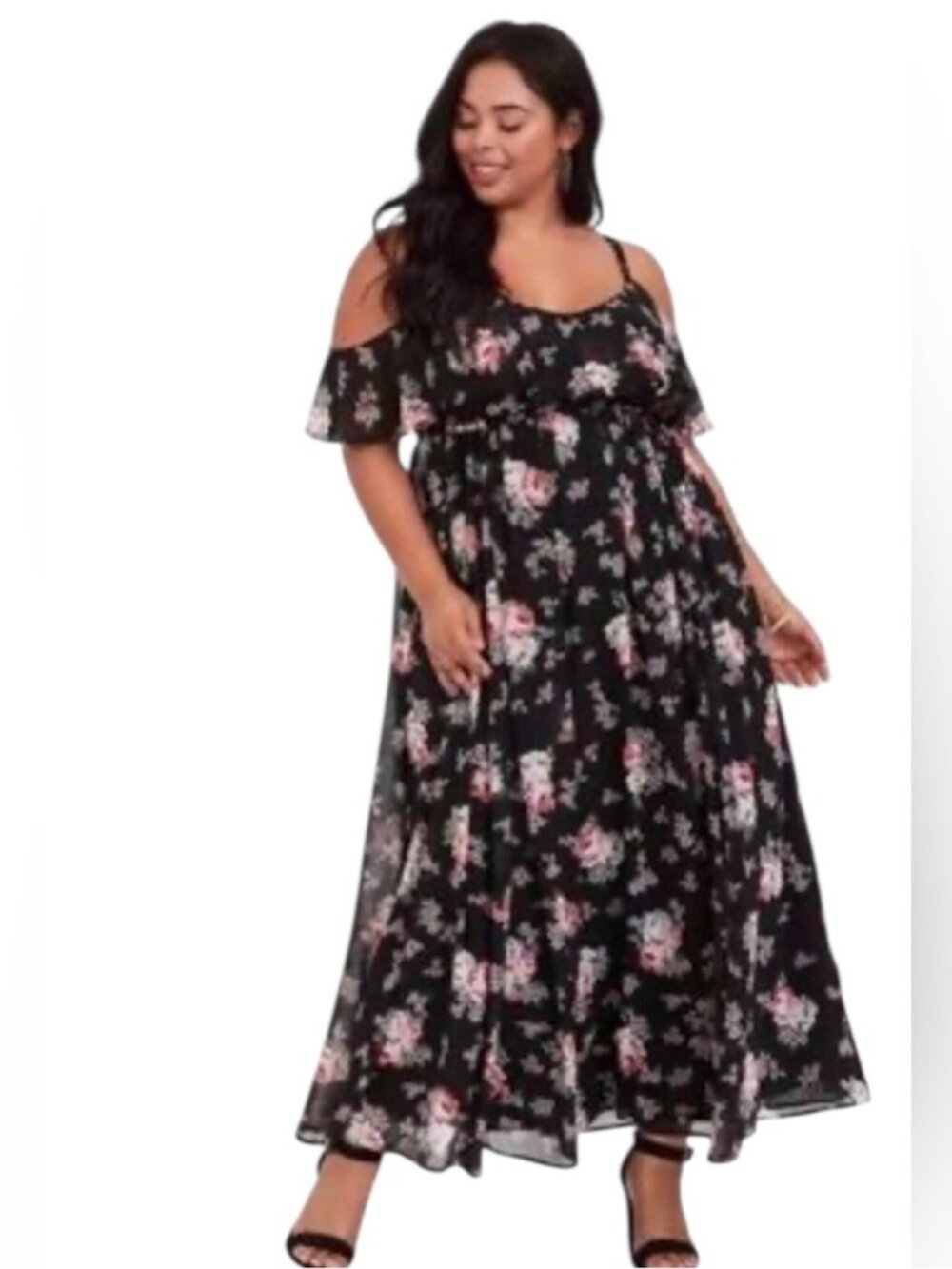Torrid Floral Cold Shoulder Maxi Dress Black 2X Ruffle Plus Size Summer